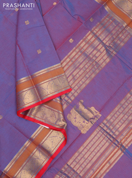 Kanchi cotton saree dual shade of bluish maroon and red with zari woven buttas and thread & zari woven border
