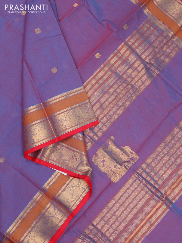 Kanchi cotton saree dual shade of bluish maroon and red with zari woven buttas and thread & zari woven border