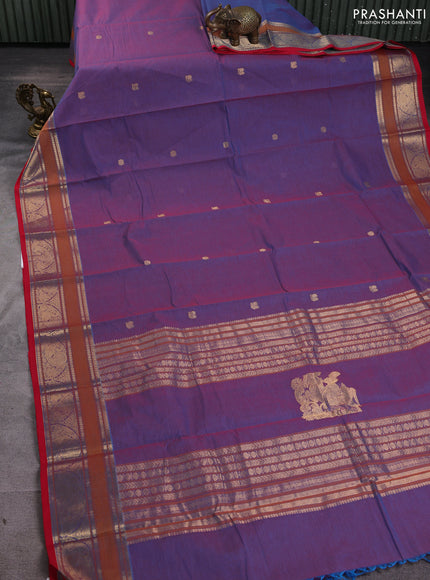 Kanchi cotton saree dual shade of bluish maroon and red with zari woven buttas and thread & zari woven border