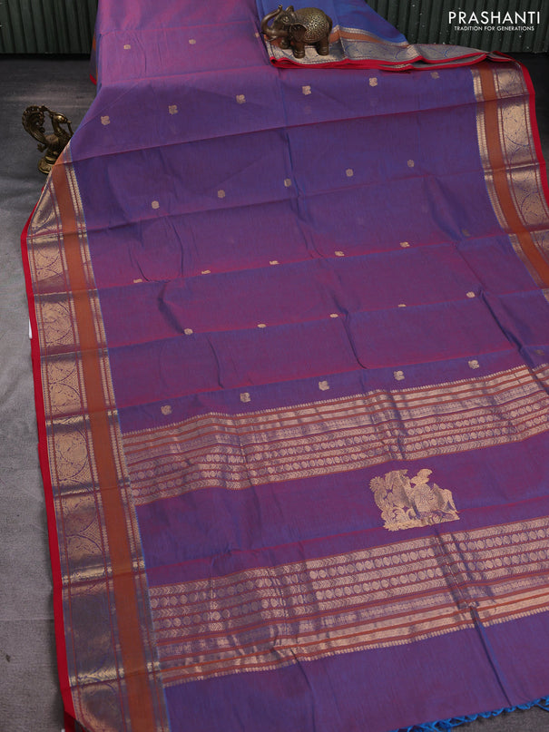 Kanchi cotton saree dual shade of bluish maroon and red with zari woven buttas and thread & zari woven border