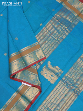 Kanchi cotton saree dual shade of blue and red shade with zari woven buttas and thread & zari woven border