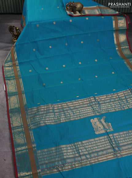Kanchi cotton saree dual shade of blue and red shade with zari woven buttas and thread & zari woven border