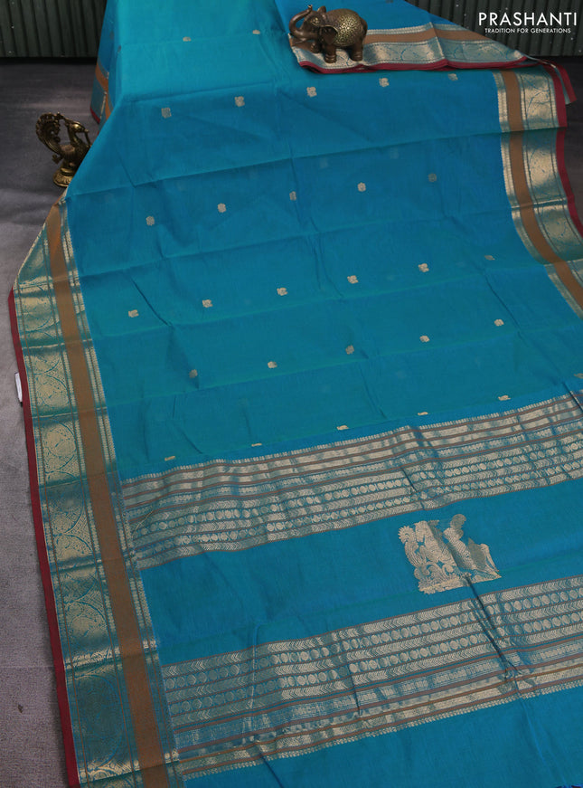 Kanchi cotton saree dual shade of blue and red shade with zari woven buttas and thread & zari woven border
