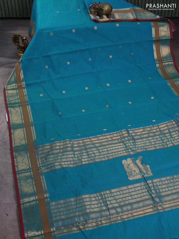 Kanchi cotton saree dual shade of blue and red shade with zari woven buttas and thread & zari woven border