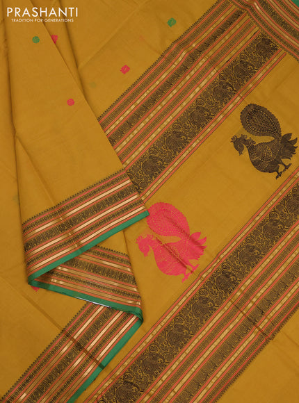 Kanchi cotton saree dark mustard and green with thread woven buttas and thread & zari woven border