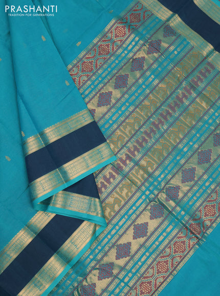 Kanchi cotton saree teal green and peacock green with zari woven buttas and rettapet zari woven border