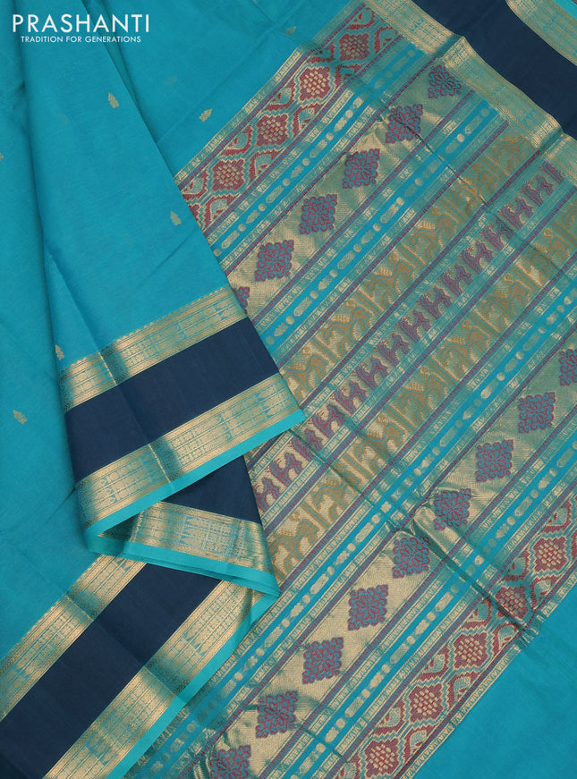 Kanchi cotton saree teal green and peacock green with zari woven buttas and rettapet zari woven border