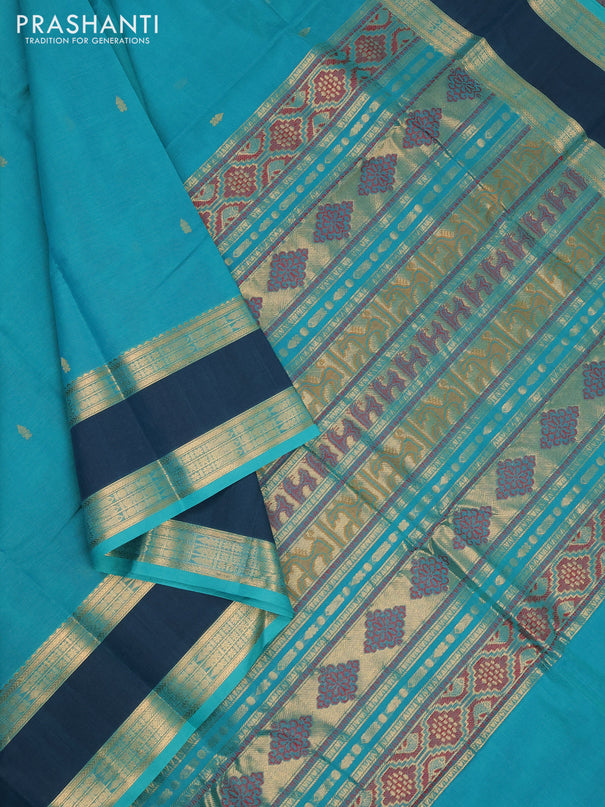 Kanchi cotton saree teal green and peacock green with zari woven buttas and rettapet zari woven border