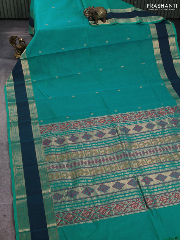 Kanchi cotton saree teal green and peacock green with zari woven buttas and rettapet zari woven border