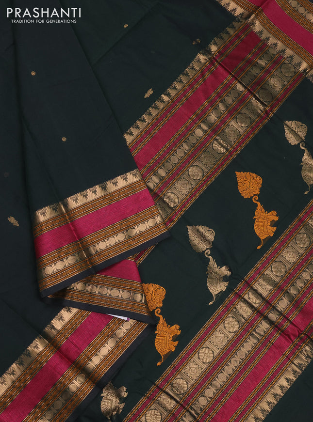 Kanchi cotton saree bottle green with zari woven buttas and thread & zari woven border