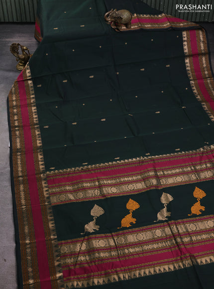 Kanchi cotton saree bottle green with zari woven buttas and thread & zari woven border