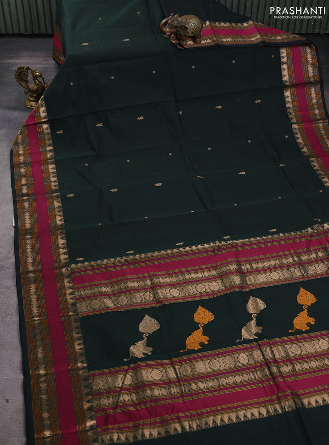 Kanchi cotton saree bottle green with zari woven buttas and thread & zari woven border