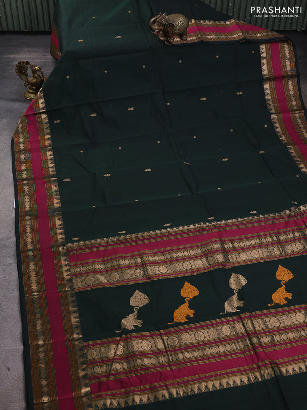 Kanchi cotton saree bottle green with zari woven buttas and thread & zari woven border