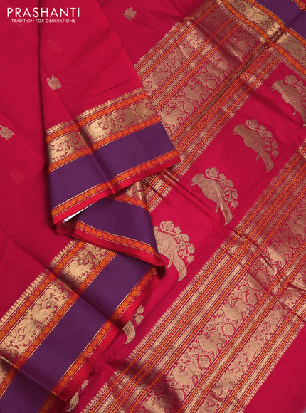 Kanchi cotton saree tomato pink and purple with zari woven buttas and rettapet zari woven border
