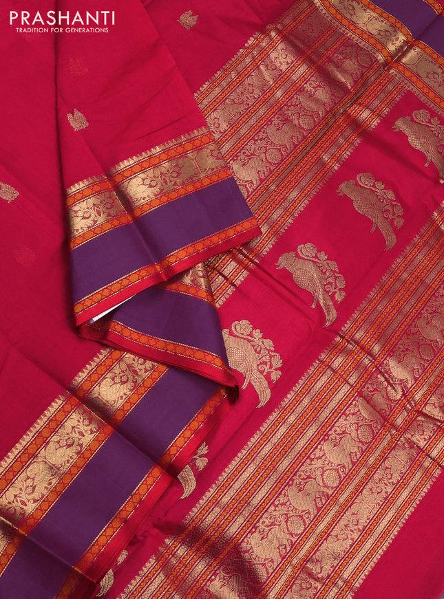 Kanchi cotton saree tomato pink and purple with zari woven buttas and rettapet zari woven border