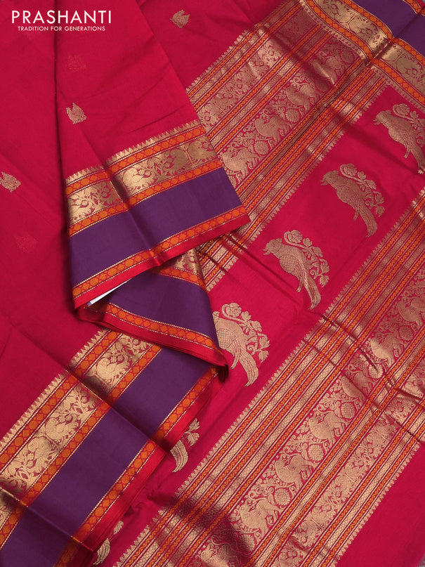 Kanchi cotton saree tomato pink and purple with zari woven buttas and rettapet zari woven border