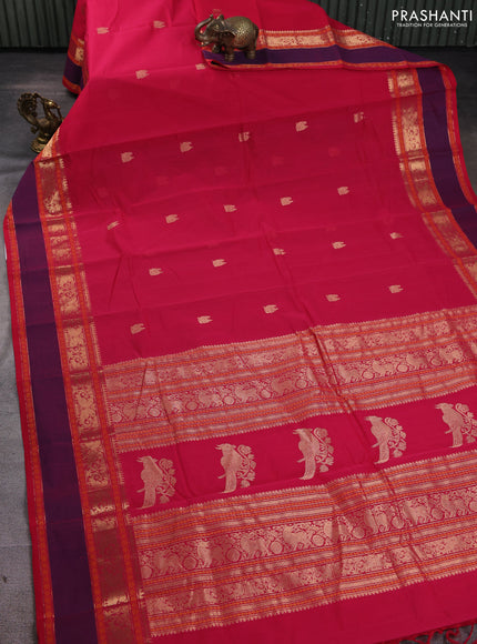 Kanchi cotton saree tomato pink and purple with zari woven buttas and rettapet zari woven border