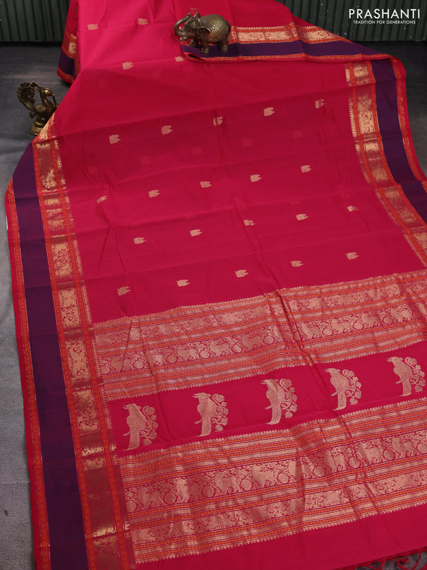 Kanchi cotton saree tomato pink and purple with zari woven buttas and rettapet zari woven border
