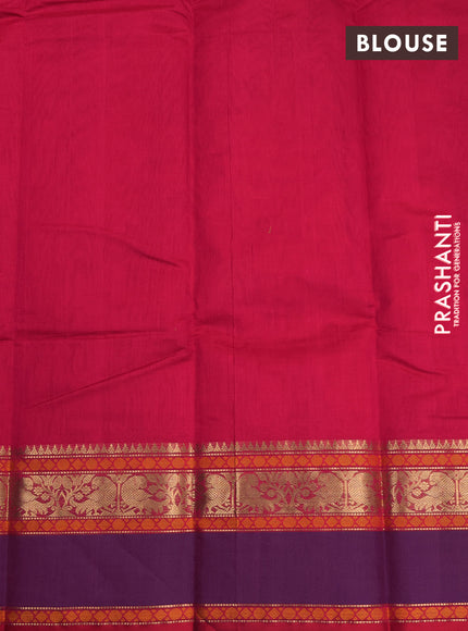 Kanchi cotton saree tomato pink and purple with zari woven buttas and rettapet zari woven border