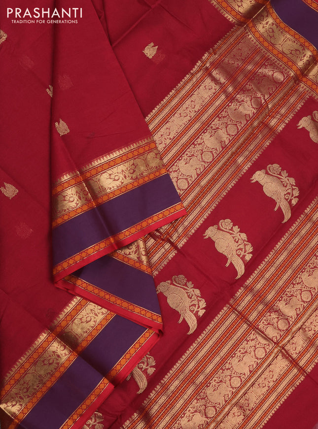 Kanchi cotton saree red and dual shade of deep violet with annam zari woven buttas and rettapet zari woven border