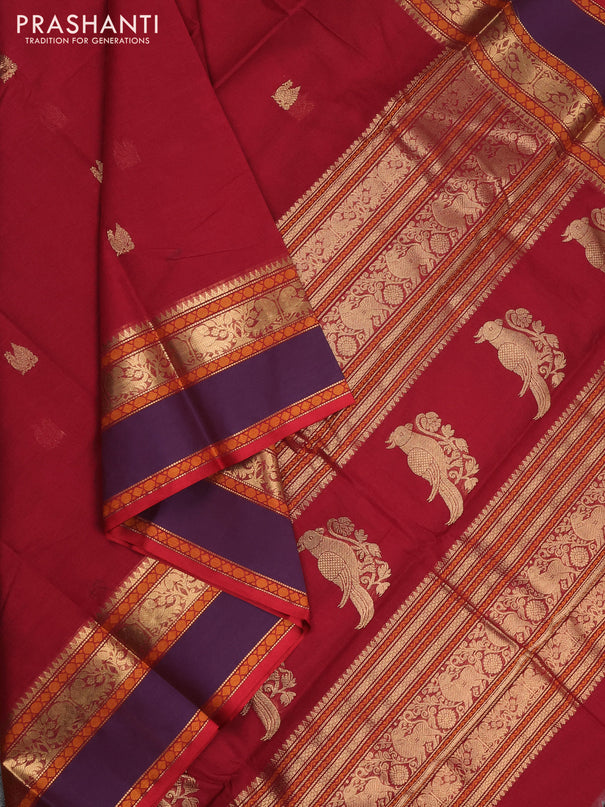 Kanchi cotton saree red and dual shade of deep violet with annam zari woven buttas and rettapet zari woven border