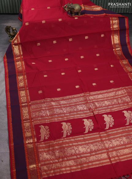 Kanchi cotton saree red and dual shade of deep violet with annam zari woven buttas and rettapet zari woven border