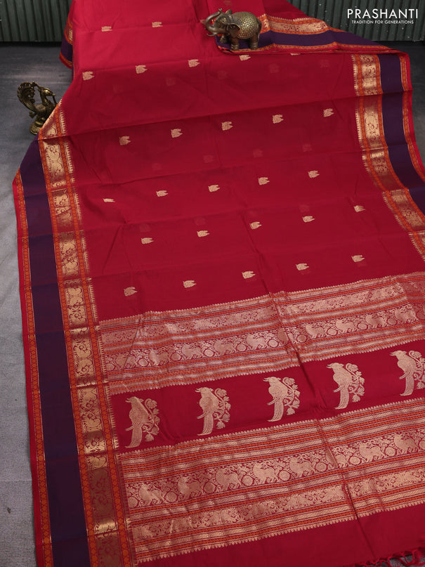 Kanchi cotton saree red and dual shade of deep violet with annam zari woven buttas and rettapet zari woven border
