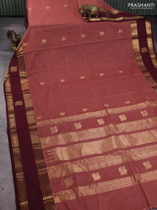 Kanchi cotton saree rust shade and deep maroon with plain body and rettapet zari woven border