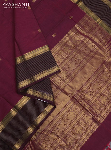 Kanchi cotton saree magenta pink and wine shade with zari woven buttas and long zari woven border