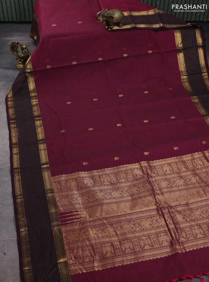 Kanchi cotton saree magenta pink and wine shade with zari woven buttas and long zari woven border