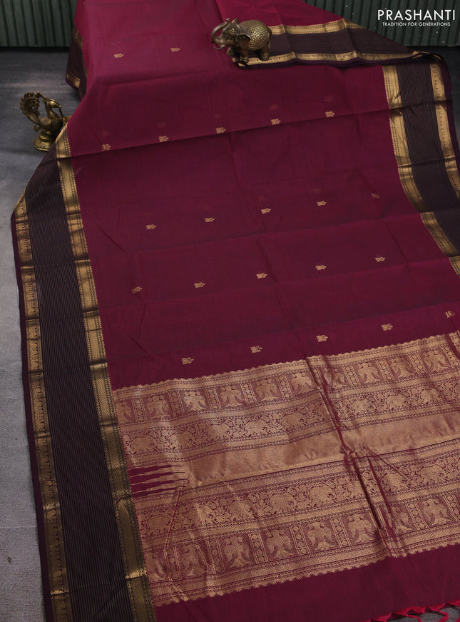 Kanchi cotton saree magenta pink and wine shade with zari woven buttas and long zari woven border