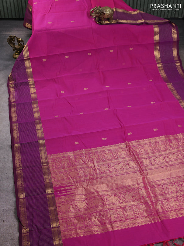Kanchi cotton saree magenta pink and purple with zari woven buttas and rettapet zari woven border