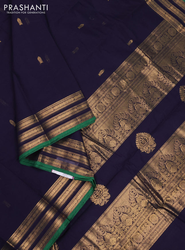 Kanchi cotton saree navy blue and green with zari woven buttas and zari woven border