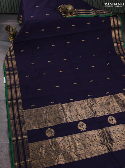 Kanchi cotton saree navy blue and green with zari woven buttas and zari woven border