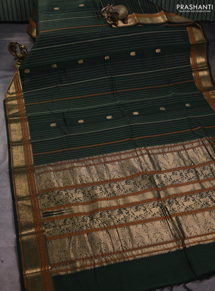 Kanchi cotton saree bottle green with allover thread weaves & buttas and thread & zari woven border