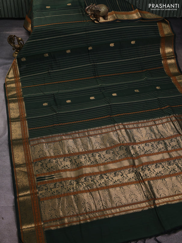 Kanchi cotton saree bottle green with allover thread weaves & buttas and thread & zari woven border