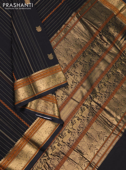 Kanchi cotton saree black with allover zari stripes & buttas and zari woven border