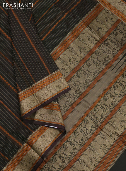 Kanchi cotton saree bottle green and coffee brown with allover thread weaves and thread woven border