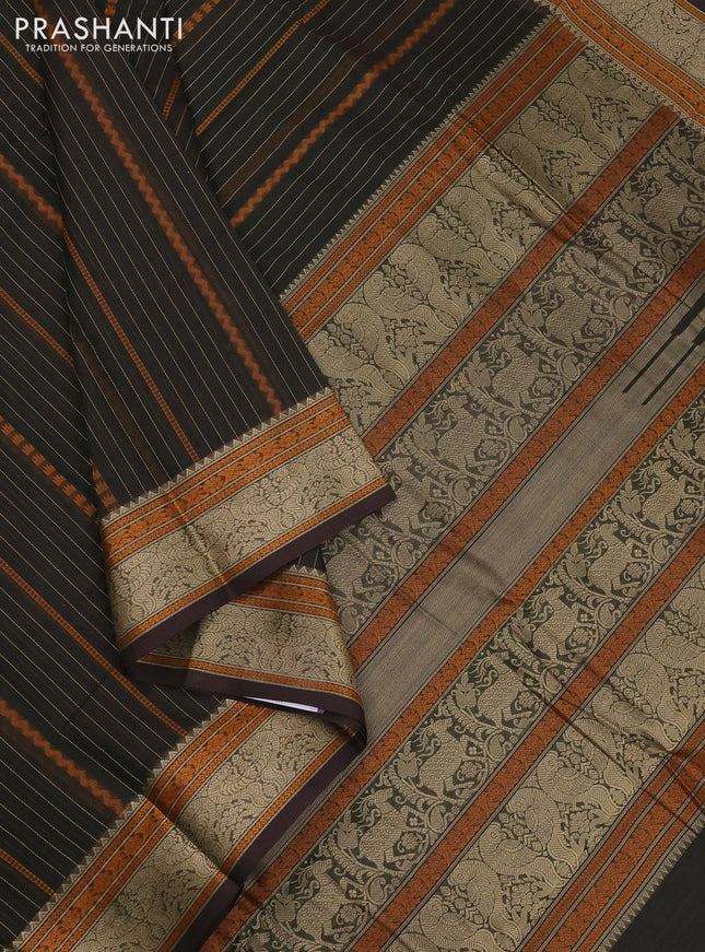 Kanchi cotton saree bottle green and coffee brown with allover thread weaves and thread woven border
