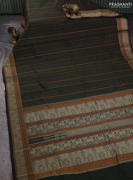 Kanchi cotton saree bottle green and coffee brown with allover thread weaves and thread woven border