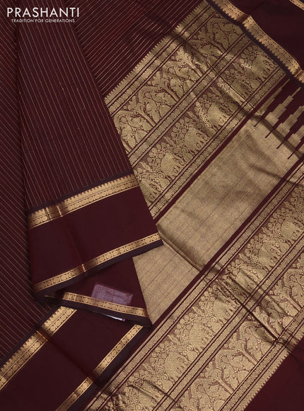 Kanchi cotton saree deep maroon with allover zari strip pattern and rettapet zari woven border