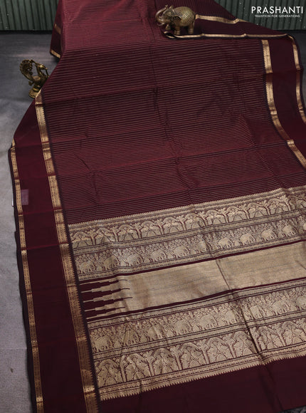 Kanchi cotton saree deep maroon with allover zari strip pattern and rettapet zari woven border