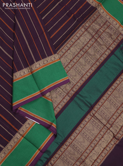 Kanchi cotton saree deep purple and green with allover thread stripe pattern and rettapet thread woven border