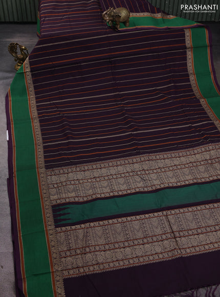 Kanchi cotton saree deep purple and green with allover thread stripe pattern and rettapet thread woven border