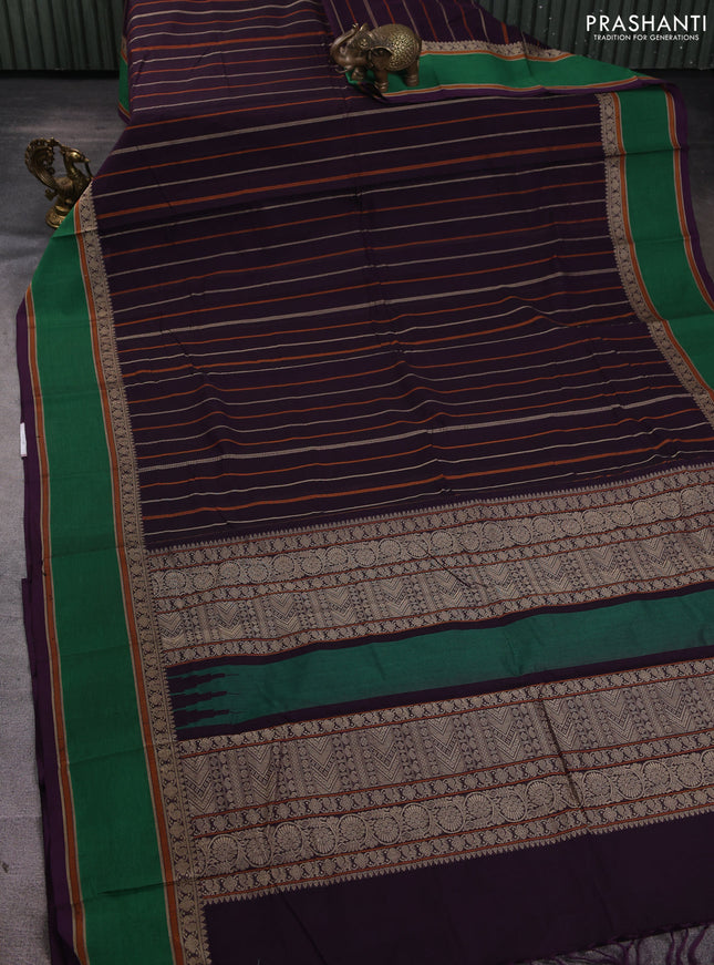 Kanchi cotton saree deep purple and green with allover thread stripe pattern and rettapet thread woven border