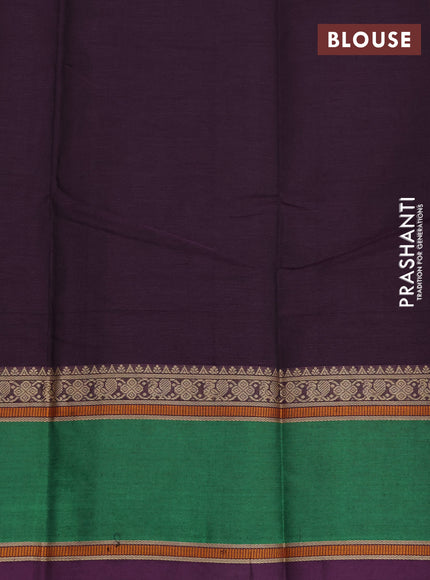 Kanchi cotton saree deep purple and green with allover thread stripe pattern and rettapet thread woven border