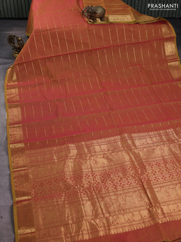 Kanchi cotton saree dual shade of pinkish mustard with allover zari stripe pattern and elephant zari woven border