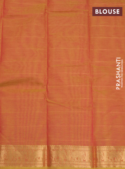 Kanchi cotton saree dual shade of pinkish mustard with allover zari stripe pattern and elephant zari woven border