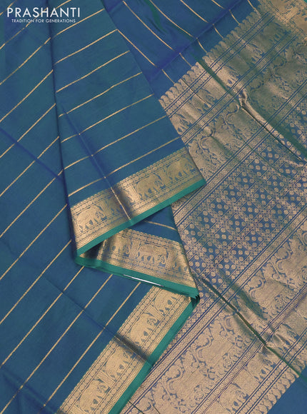Kanchi cotton saree dual shade of bluish green with allover zari weaves and zari woven border