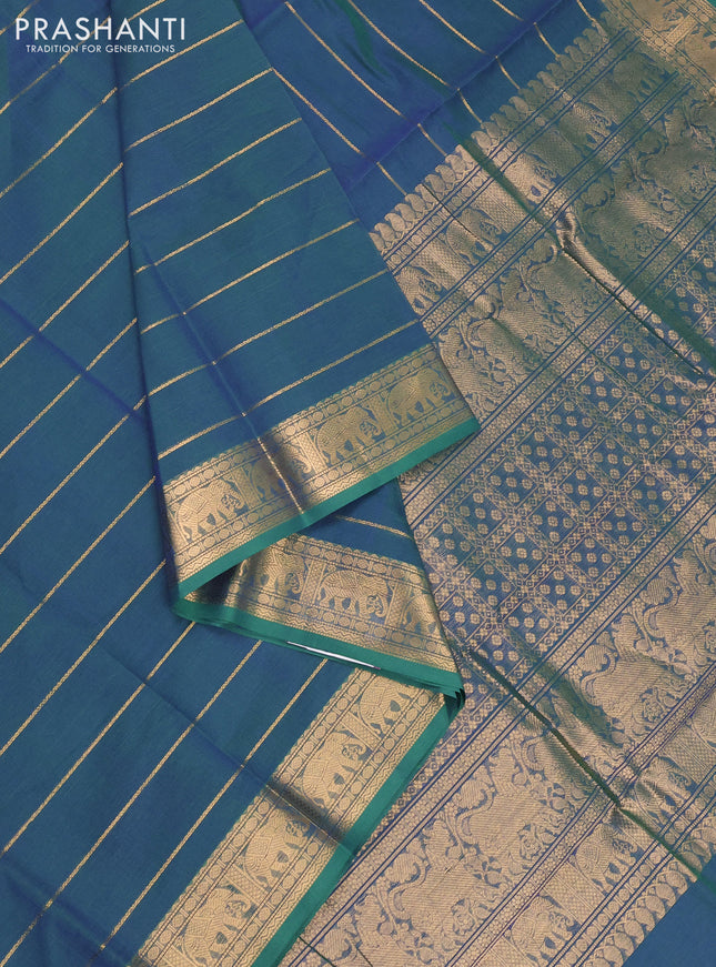 Kanchi cotton saree dual shade of bluish green with allover zari weaves and zari woven border